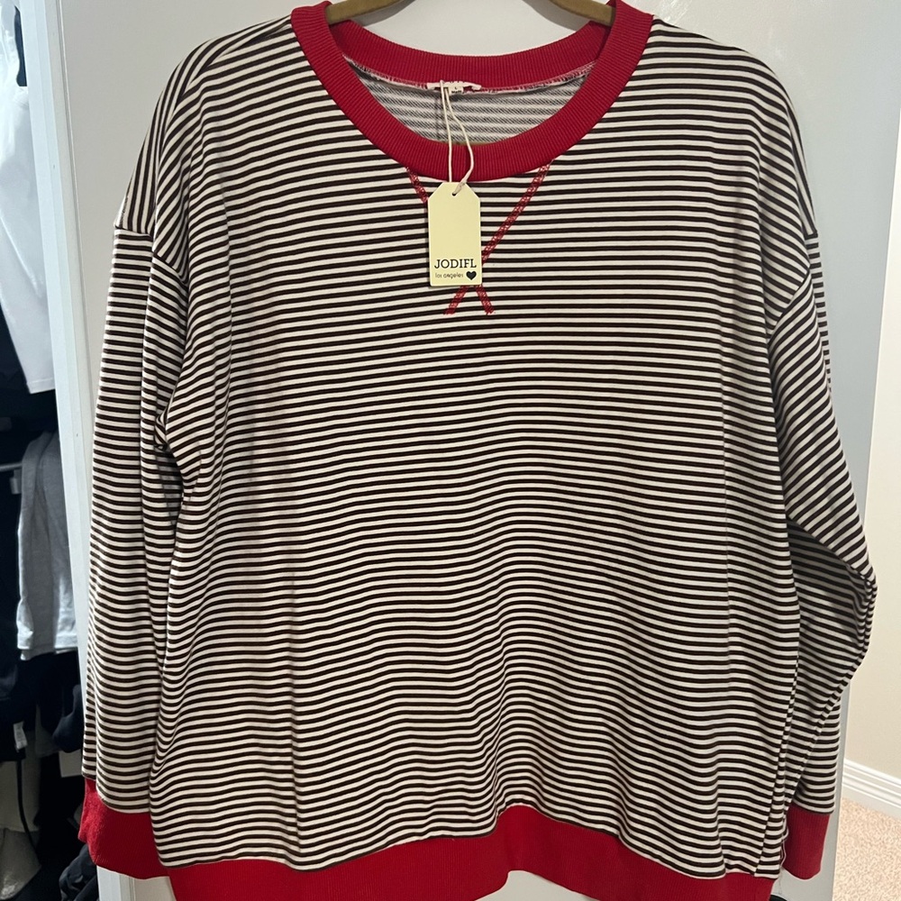 JODIFL Women’s Striped Crewneck - Black/Brown and Red